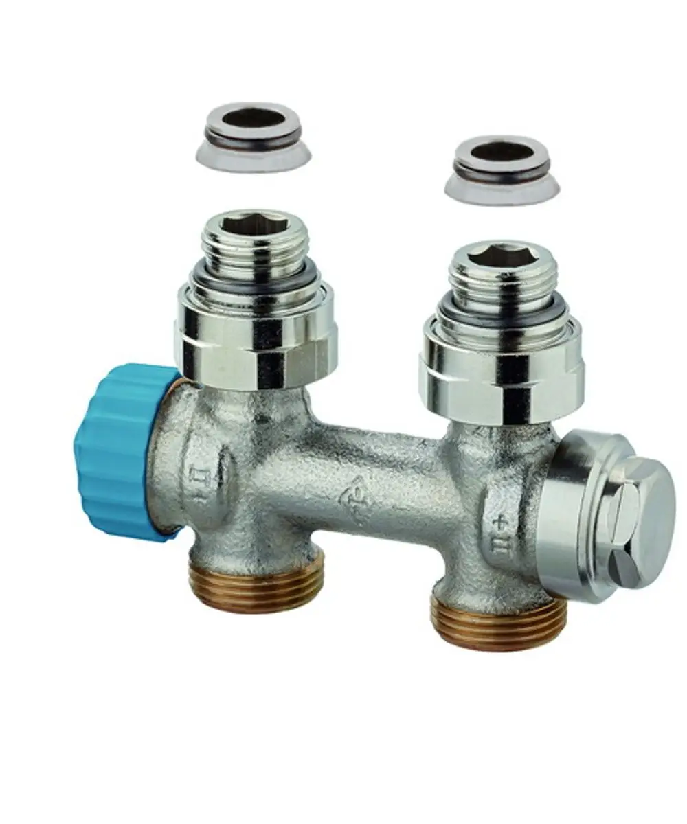 Heimeier Ventil von IMI Hydronic Engineering mit zwei Anschlüssen, einem blauen Regelgriff und zwei Dichtungen. Geeignet für Einrohrsysteme.